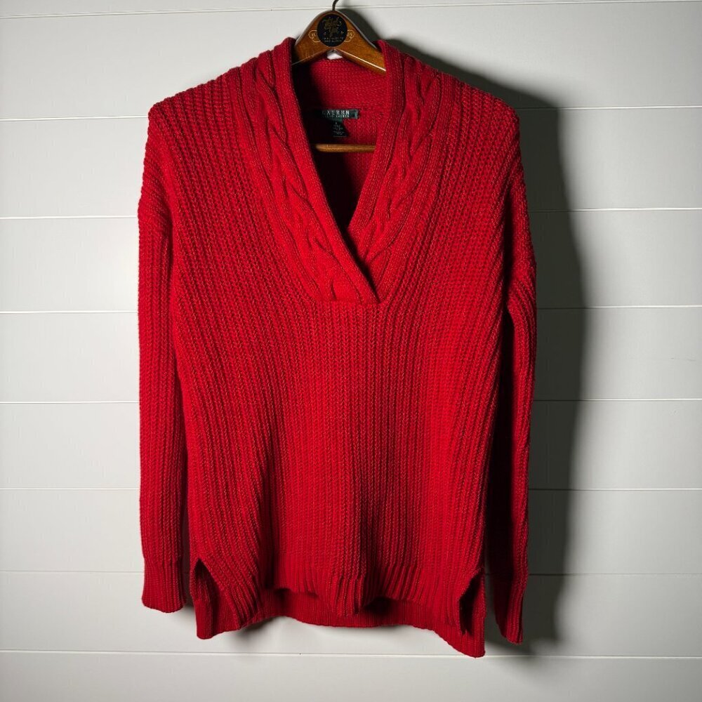 Lauren Ralph Lauren Red Chunky Cable Knit Sweater Womens‎ Size Small
